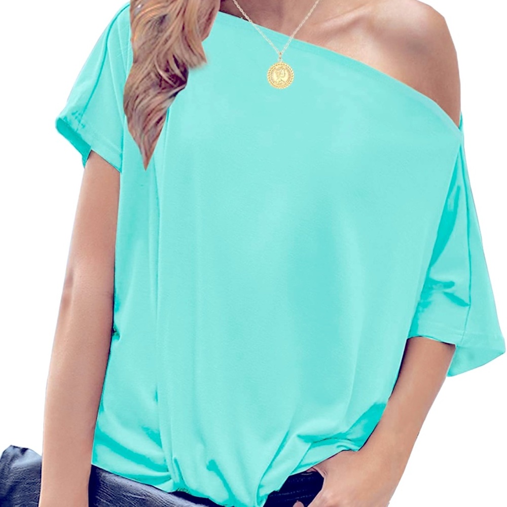 LEIYEE Womens Aqua Blue Off Shoulder Short Sleeve Top With Front Twist Knot